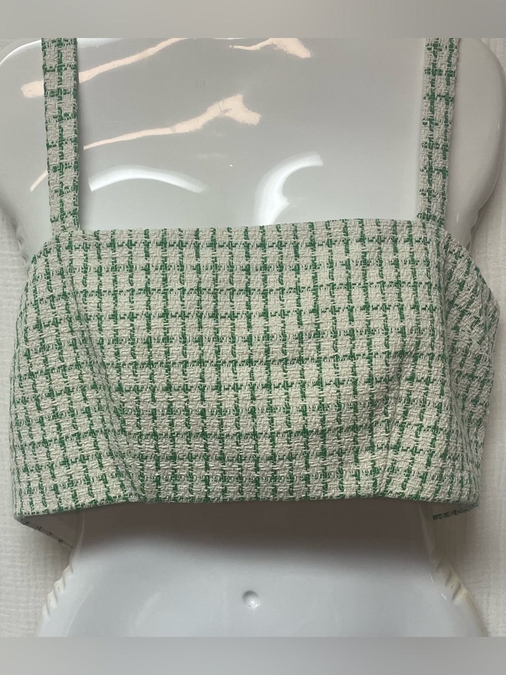 Wayf Green and Cream Check Tweed Cropped Tank, NWT, Sz: L